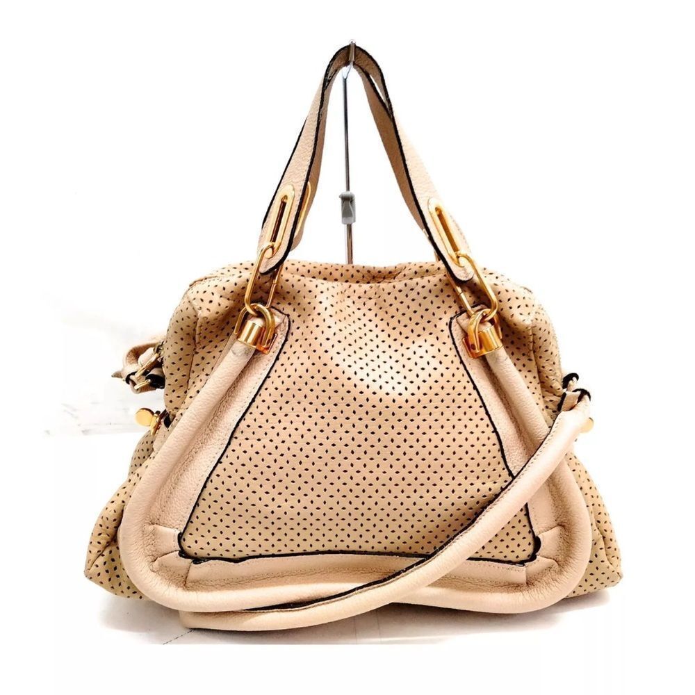 Auth Chloe Beige Leather Medium Perforated Paraty Double Satchel